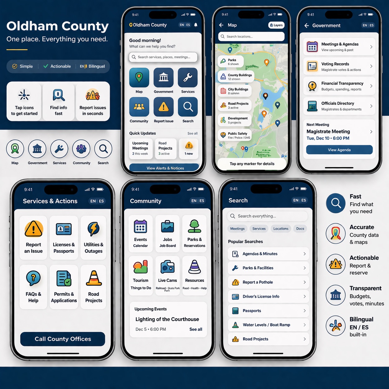 Concept graphic showing proposed Oldham County community app screens
